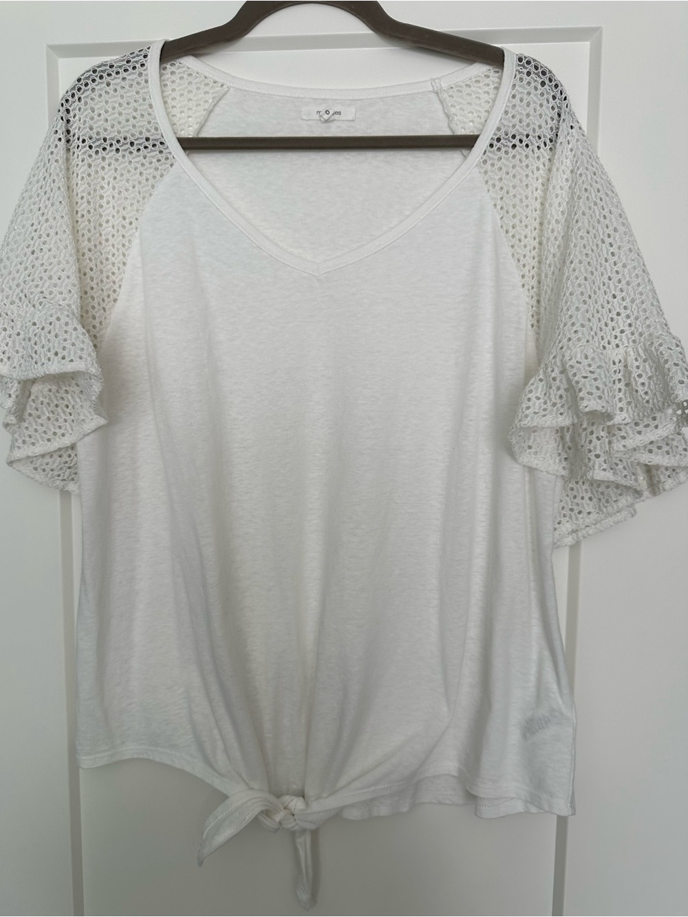 Maurices White V-Neck Tie-Front Top with eyelet Ruffle Sleeves